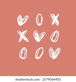 XO cross zero vector elements. tic tac toe arrangement. Hand drawn doodle sketch. Minimalistic hearts xo signs peachy white vector illustration