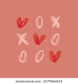 XO cross zero vector elements. tic tac toe arrangement. Hand drawn doodle sketch. Minimalistic hearts xo signs peachy red vector illustration