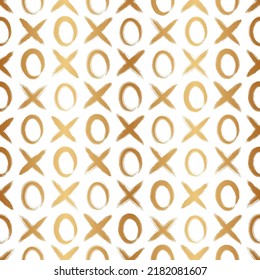 Xo gold seamless pattern. X and o background. Repeated grunge brush texture. Black game tic tac toe isolated on white background. Repeating sketch crosses noughts for design print. Vector illustration