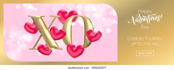 XO gold text for Valentine's day sale banner background. Hugs and Kisses concept of Valentines day with red heart balloon on pink bokeh background. Web site banner or greeting card.