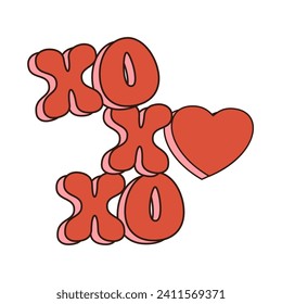 xo xo xo groovy retro icon Retro cartoon Valentines day element in trendy retro 60s 70s style. Vector illustration..