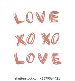 XO hand drawn peachy phrase. Set of kisses sign, love letters. Brush stroke lettering XO kiss symbol. Valentine day greeting poster, card, web, banner. Sketch vector.