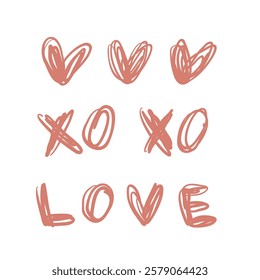 XO hand drawn peachy phrase with hearts. Set of kisses sign, love letters. Brush stroke lettering XO kiss symbol. Valentine day greeting poster, card, web, banner. Sketch vector.