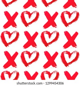 XO with heart drawn with red lipstick. Seamless pattern XOXO on white background.  Hugs and kisses abbreviation symbol. Easy to edit template for Valentine’s day. Vector illustration.