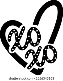 xo xo heart kisses valentines day black vector graphic design and cut file