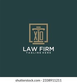 Logotipo de monograma inicial XO para la firma de abogados con diseño de hitos en cuadrado creativo