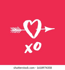 Xo kiss card with heart and arrow. Greeting Valentine's day typography lettering. Romantic quote, love celebration font words. Postcard, banner, poster, packaging design. Vector eps 10. 
