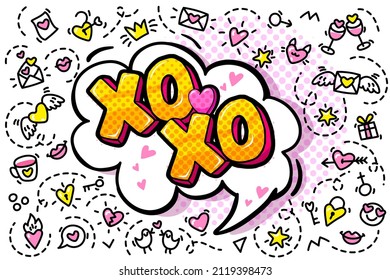 XO XO lettering in pop art style. Concept of love. Valentine's day greeting card on white background