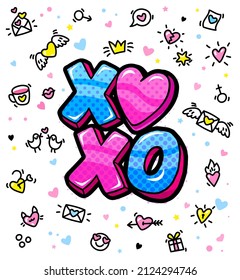 XO XO lettering in pop art style. Concept of love. Valentine's day greeting card on white background