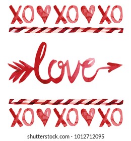 XO, Love, Amor Arrow, Lollipop And Heart Watercolor Illustration Vector In Red Color For Valentine's Day