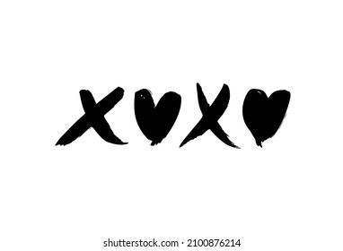 Xo Xo phrase with hearts. Hand drawn vector lettering for Valentine's day. Typography ink illustration. Modern brush calligraphy isolated on white. Hugs and kisses sign. Wedding and birthday card