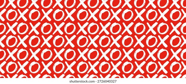 XO XO XO padrão perfeito do Dia dos Namorados com texto manuscrito. Letras e caracteres de traçado de pincel branco em vermelho. Romântico vetor de papel de embrulho, têxtil, papel de parede e feriado de amor padrão de design.