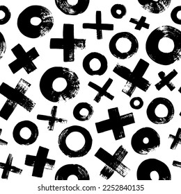 XO seamless pattern. Brush drawn crosses and circles. Vector black and white geometric ornament. Grunge texture with symbols of zero and cross. Trendy graphic design with black ink brush strokes.