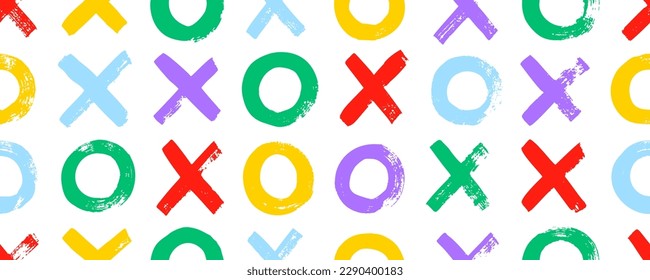 XO seamless pattern. Brush drawn color geometric shapes pattern. Tic-Tac-Toe game. Bold brush strokes, circles and crosses. Abstract colorful grunge background, horizontal vector banner. 