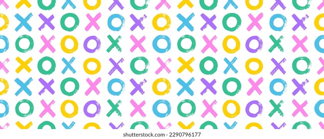 XO seamless pattern. Brush drawn color geometric shapes pattern. Tic-Tac-Toe game. Bold brush strokes, circles and crosses. Abstract colorful grunge background, horizontal vector banner. 
