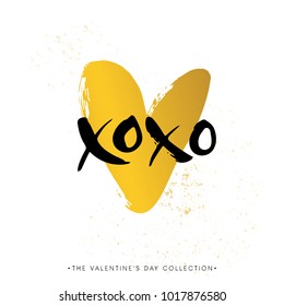 Xo Xo. Valentines day calligraphy gift card. Gold heart. Hand drawn design elements. Handwritten modern brush lettering. Vector illustration.