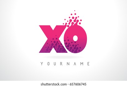 XO X O Letter Logo with Pink Letters and Purple Color Particles Dots Design.