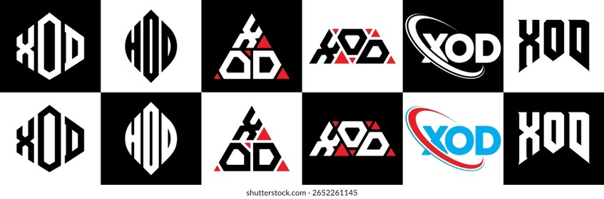 XOD letter logo design in six style. XOD polygon, circle, triangle, hexagon, flat and simple style with black and white color variation letter logo set in one artboard. XOD minimalist and classic logo