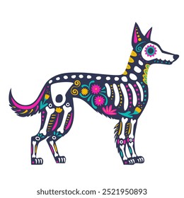 Esqueleto de perro Xoloitzcuintli decorado con flores y Elementos decorativos, vista lateral. Animal festivo por el día mexicano de los muertos, Día de los Muertos.