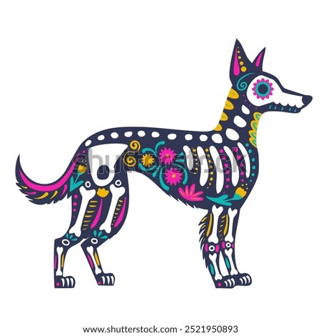 Xoloitzcuintli dog skeleton decorated with flowers and decorative elements, side view. Festive animal for the Mexican  day of the dead,  Dia de los Muertos.