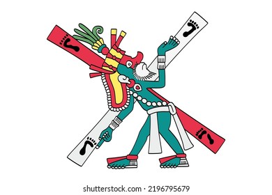 Xolotl at a crossroads. Aztec god of fire, lightning, monsters, misfortune, sickness and deformities. Associated with heavenly fire. Evil twin brother of Quetzalcoatl. Dark personification of Venus.