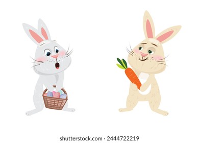 xOne bunny with basket filled with colorful Easter eggs, looking surprised and envy on another bunny holding proudly a carrot