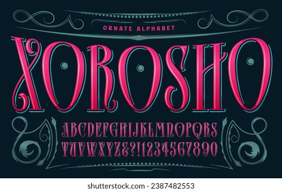 Xorosho is a brightly colored magenta and teal alphabet with extremely elegant and stylized detailing. Ornate type with a hint of magick and the occult.