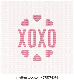XOXO abbreviation means hugs and kisses on soft jumper pattern. Hearts. Concept of relationships