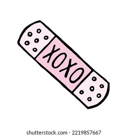 XOXO Bandage Doodle Drawing. Hugs And Kisses Plaster Cartoon. Emotional Wound Band Aid Patch Fix. Vector Illustration.