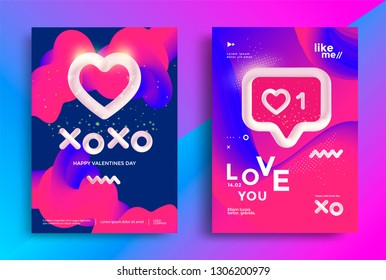 XOXO blend written phrase with heart on gradient background. Valentines day poster with Like button. Vector template for greeting card, flyer.