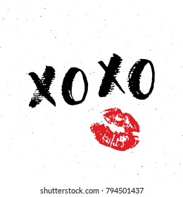 XOXO brush lettering sign, Grunge calligraphiv c hugs and kisses Phrase, Internet slang abbreviation XOXO symbols, vector illustration isolated on white background.