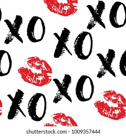 XOXO brush lettering signs seamless pattern, Grunge calligraphiv c hugs and kisses Phrase, Internet slang abbreviation XOXO symbols, vector illustration isolated on white background