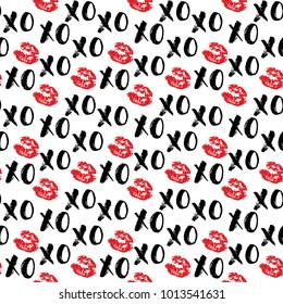 XOXO brush lettering signs seamless pattern, Grunge calligraphiv c hugs and kisses Phrase, Internet slang abbreviation XOXO symbols, vector illustration isolated on white background