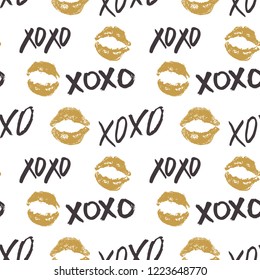 XOXO brush lettering signs seamless pattern, Grunge calligraphic hugs and kisses Phrase, Internet slang abbreviation XOXO symbols, vector illustration isolated on white background