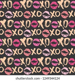 XOXO brush lettering signs seamless pattern, Grunge calligraphic hugs and kisses Phrase, Internet slang abbreviation XOXO symbols, vector illustration isolated on white background