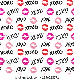 XOXO brush lettering signs seamless pattern, Grunge calligraphic hugs and kisses Phrase, Internet slang abbreviation XOXO symbols, vector illustration isolated on white background