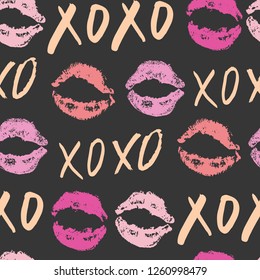 XOXO brush lettering signs seamless pattern, Grunge calligraphic hugs and kisses Phrase, Internet slang abbreviation XOXO symbols, vector illustration isolated on white background
