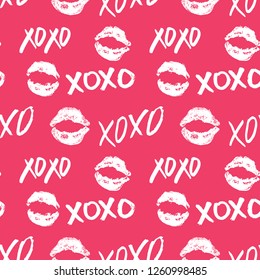 XOXO brush lettering signs seamless pattern, Grunge calligraphic hugs and kisses Phrase, Internet slang abbreviation XOXO symbols, vector illustration isolated on white background