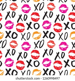 XOXO brush lettering signs seamless pattern, Grunge calligraphic hugs and kisses Phrase, Internet slang abbreviation XOXO symbols, vector illustration isolated on white background