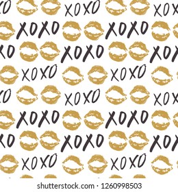 XOXO brush lettering signs seamless pattern, Grunge calligraphic hugs and kisses Phrase, Internet slang abbreviation XOXO symbols, vector illustration isolated on white background