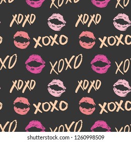 XOXO brush lettering signs seamless pattern, Grunge calligraphic hugs and kisses Phrase, Internet slang abbreviation XOXO symbols, vector illustration isolated on white background