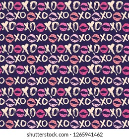 XOXO brush lettering signs seamless pattern, Grunge calligraphic hugs and kisses Phrase, Internet slang abbreviation XOXO symbols, vector illustration isolated on white background