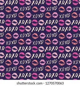 XOXO brush lettering signs seamless pattern, Grunge calligraphic hugs and kisses Phrase, Internet slang abbreviation