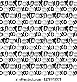 XOXO brush lettering signs seamless pattern, Grunge calligraphic hugs and kisses Phrase, Internet slang abbreviation XOXO symbols, vector illustration isolated on white background