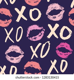 XOXO brush lettering signs seamless pattern, Grunge calligraphic hugs and kisses Phrase, Internet slang abbreviation XOXO symbols, vector illustration isolated on white background