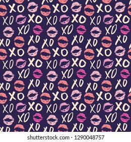 XOXO brush lettering signs seamless pattern, Grunge calligraphic hugs and kisses Phrase, Internet slang abbreviation XOXO symbols, vector illustration isolated on white background