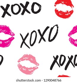 XOXO brush lettering signs seamless pattern, Grunge calligraphic hugs and kisses Phrase, Internet slang abbreviation XOXO symbols, vector illustration isolated on white background
