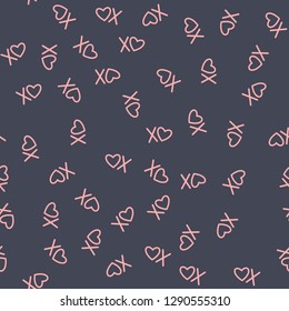 XOXO brush lettering signs seamless pattern with hearts, hugs and kisses phrase, Internet slang abbreviation XOXO symbols, vector illustration.