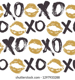 XOXO brush lettering signs seamless pattern, Grunge calligraphic hugs and kisses Phrase, Internet slang abbreviation XOXO symbols, vector illustration isolated on white background