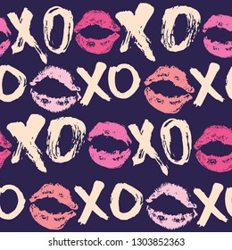 XOXO brush lettering signs seamless pattern, Grunge calligraphic hugs and kisses Phrase, Internet slang abbreviation XOXO symbols, vector illustration isolated on white background